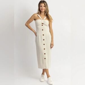 NWT I.N.A Ina Rae Neutral Bow + Button Linen Midi Dress Size Large